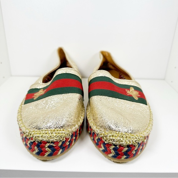 Gucci Metallic Gold Crinkled Leather Web Pilar Bee Espadrilles Flats 7 - Picture 5 of 10